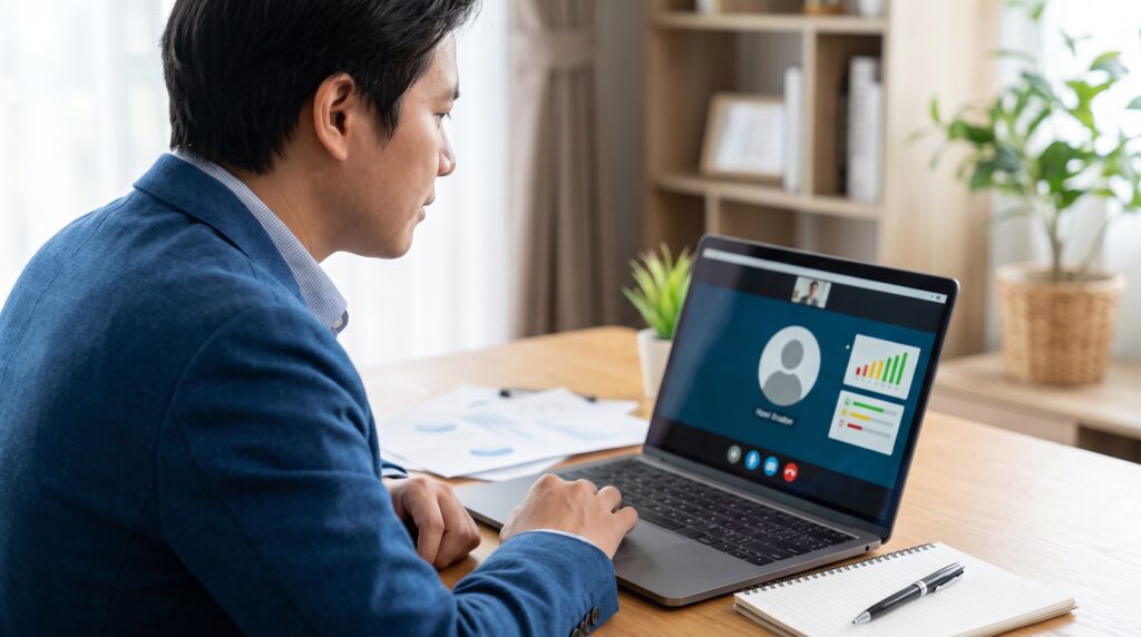 Professional preparing for interview using AI tool on laptop at desk